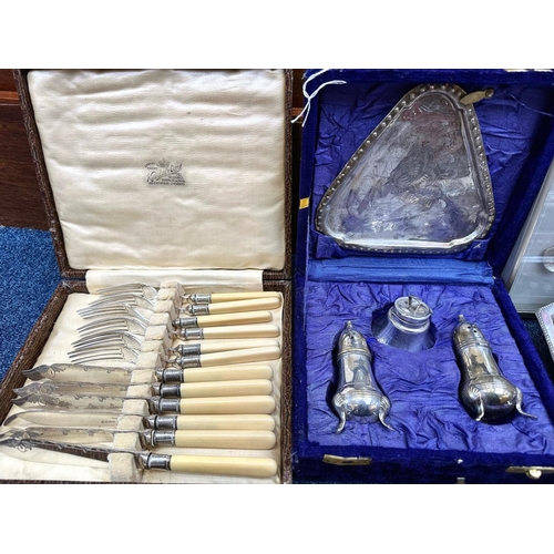 1240 - Large Collection of Boxed Plated Ware comprising assorted spoons, cruet set, fish knives and forks, ... 