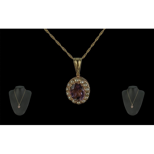 13 - Ladies Attractive 9ct Gold Amethyst and Pearl Set Pendant Drop, Attached to a Fine 9ct Gold Chain. B... 