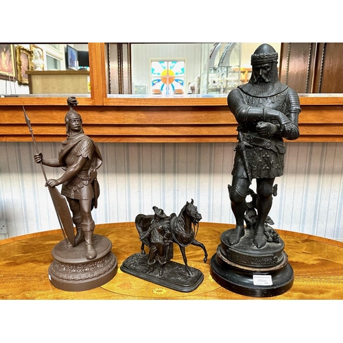 1304 - Bronzed Effect Cavalier Statue with Horse, height 7.5'', together with two spelter figures, one of a... 