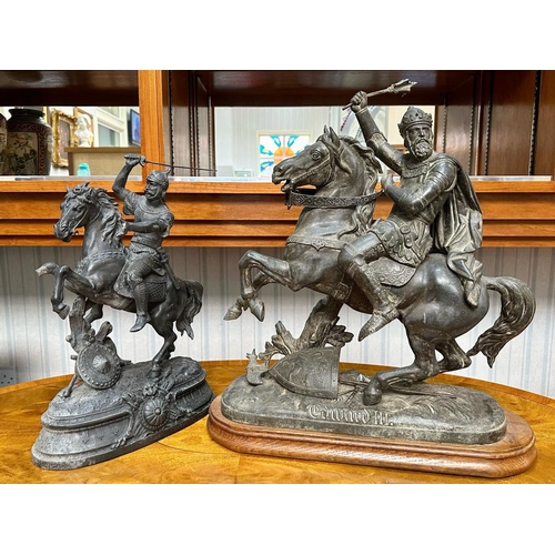 1309 - A Large Spelter Figure Depicting Edward III on a rearing horse, raised on an oak base, measures over... 