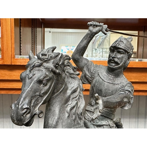 1309 - A Large Spelter Figure Depicting Edward III on a rearing horse, raised on an oak base, measures over... 