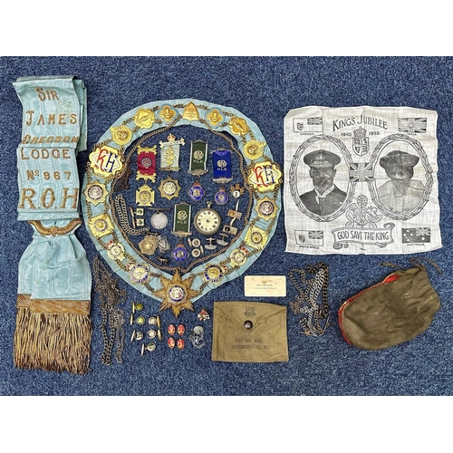 1345 - Masonic Interest - Collection of Masonic items, including medals, chain of office, sash embroidered ... 