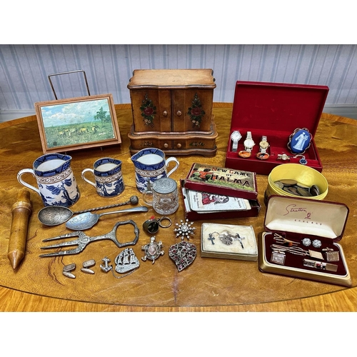 1365 - Mixed Lot of Collectibles, three blue and white jugs, silver plated ware, 19th century glass syringe... 