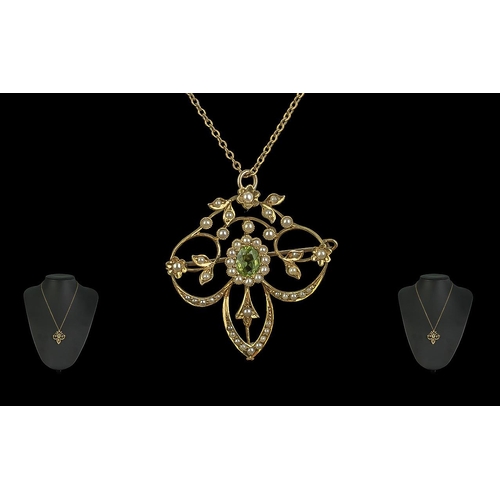 14 - Antique Period - Excellent 15ct Gold Peridot and Seed Pearl Set Pendant / Brooch with Attached Gold ... 