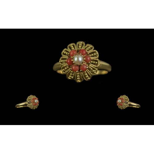 16A - Antique Period 18ct Gold Coral and Seed Pearl Set Ring, Excellent Design. Marked 18ct to Interior of... 