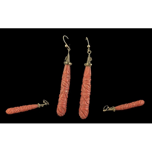 202 - Antique Coral Earrings. Carve Coral Antique Earrings, Set In Yellow Metal, Hoops Test for Gold. Beau... 