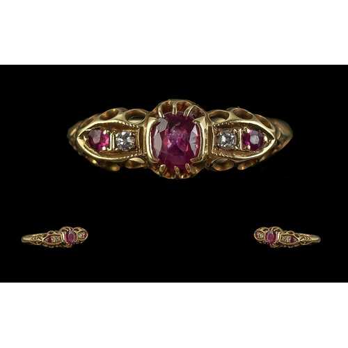 21A - Antique Period Attractive 18ct Gold, Ruby and Diamond Set Ring.  Excellent design, full hallmark for... 