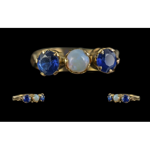 25 - Antique Period 18ct Gold Pleasing Quality 3 Stone Blue Sapphire and Opal Set Ring. Not Marked but Te... 