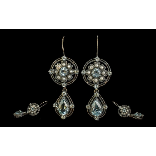 487 - Pair of vintage-style drop earrings set with topaz and seed pearls, with fish hook fittings, boxed.