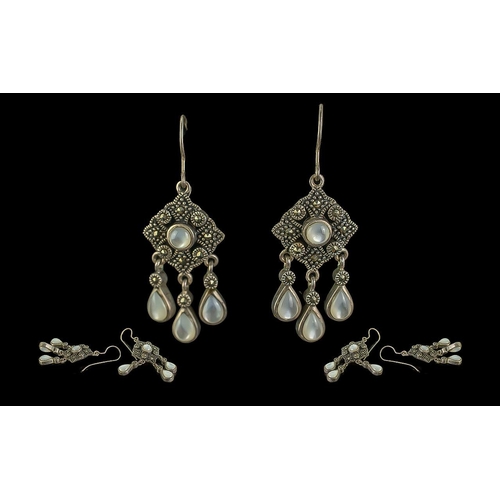 494 - Marcasite and Moonstone Earrings Set In Silver. Well Designed Drop Earrings, Set with Marcasite and ... 