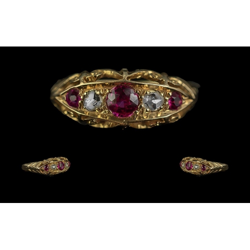 4A - Antique Period - Attractive 18ct Gold Ruby and Diamond Set Ring - Ornate Gallery Setting. Hallmark C... 