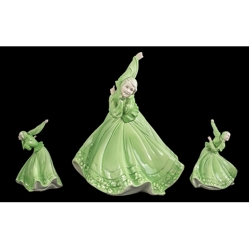 507 - Katzhutte 1950's Large Hand Painted Porcelain Figure - Young Female, Dancing In Long Green Dress, Ka... 