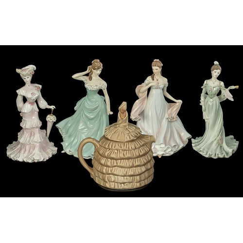 592 - Five Porcelain Figures, Coalport 'With This Ring', 'Lady Alice', Clementine, Royal Doulton 'With All... 