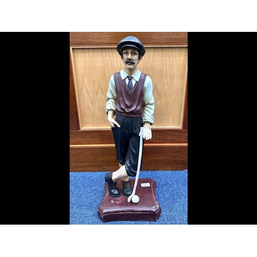 653 - Fibreglass Statue of a 1930's Golfer with Club, display model, measures 25.5'' high x 95'' wide x 8'... 