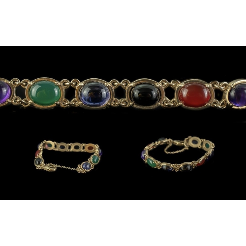 7 - Ladies Attractive 9ct Gold Multi Gem Set Bracelet - Marked 9ct (375) The Cabochon Cut MultiColoured ... 