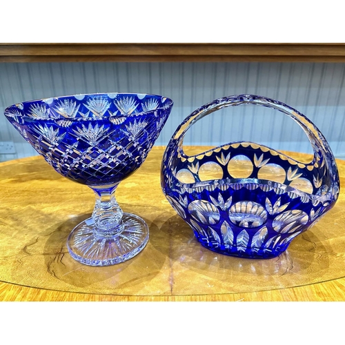 780 - Blue Cased Glass Footed Bowl, on clear glass pedestal, 9'' high x 9'' diameter, together with a blue... 