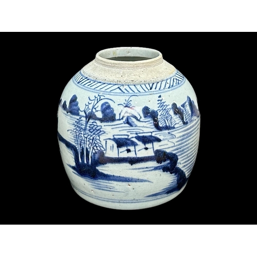 852 - Antique Chinese Glazed Jar, blue design of fisherman and houses, measures 7'' tall.