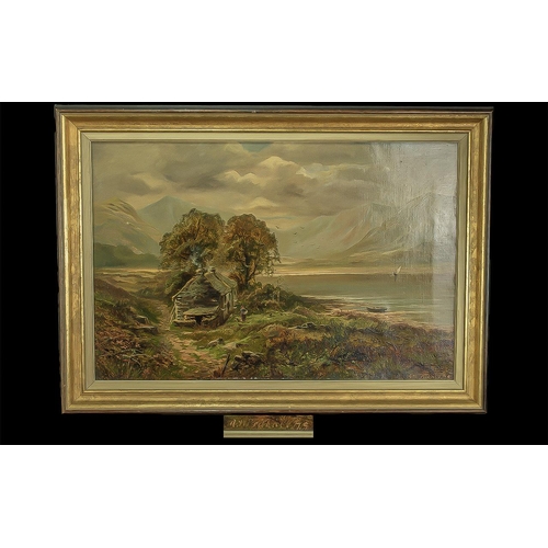 913 - Victorian Oil On Canvas. Mountain Landscape With River And Cottage. Signed And Dated Lower Right 79.... 