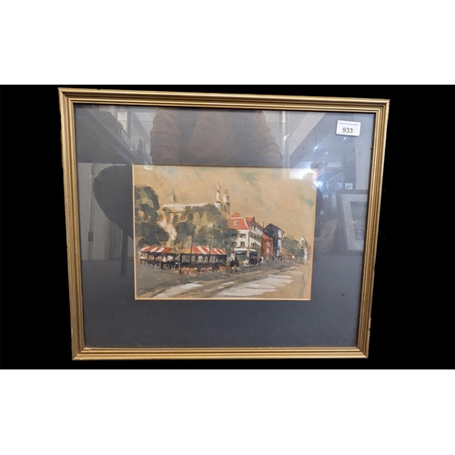 933 - Watercolour of Norwich Market, mounted framed and glazed, image measures 9'' x 11.5'', overall size ... 