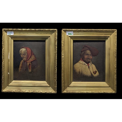 940 - Pair of Italian Oil on Canvas Paintings, portrait of a lady and gent, gilt swept frame, overall size... 