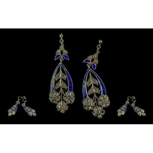 102 - Antique Period Fine Pair of Paste Set Sterling Silver & Blue Enamel Open worked Ornate Earrings, mar... 