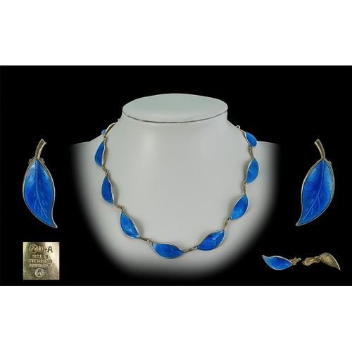 103 - David Andersen Norway Signed Fine Quality Sterling Silver & Blue Enamel Necklace and Matching Earrin... 