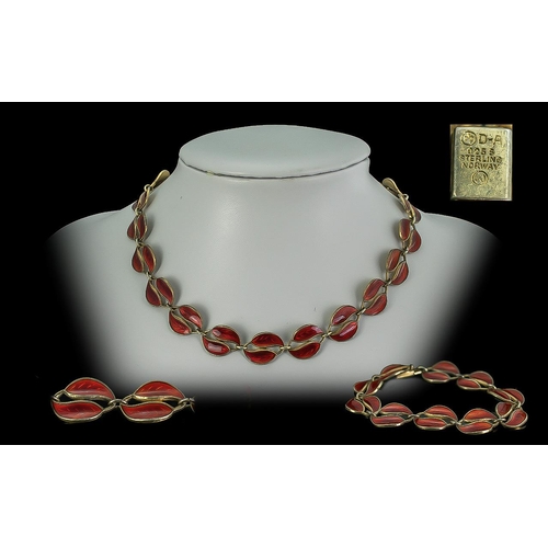 104 - David Andersen Norway Signed Fine Silver Gilt & Enamel Necklace with Matching Bracelet, marked 925 S... 