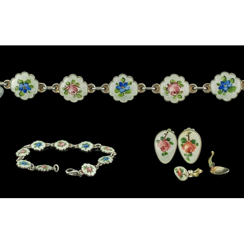 108 - Norwegian Fine Quality Sterling Silver & Enamel Bracelet, with matching earrings.  All depicting flo... 