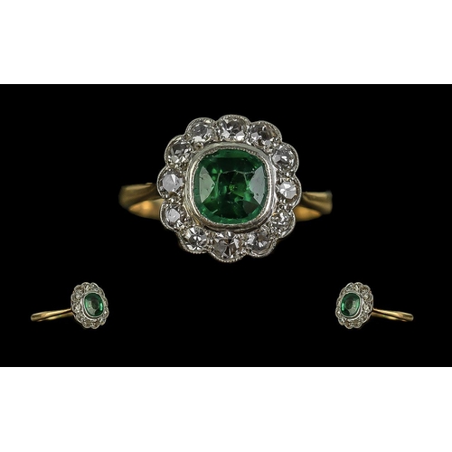 10A - Antique Period Attractive Ladies 18ct Gold & Platinum Diamond & Emerald Set Cluster Ring. Marked 18c... 