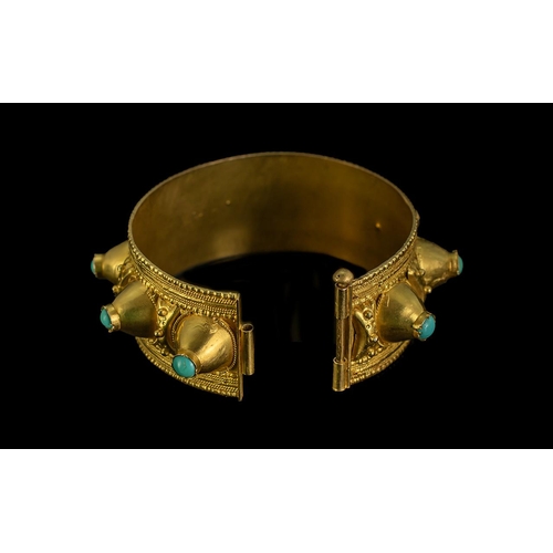 120B - Antique 18ct Gold Middle Eastern Bangle, Applied Cone Shaped Mounts Set With Turquoise Cabochon Term... 