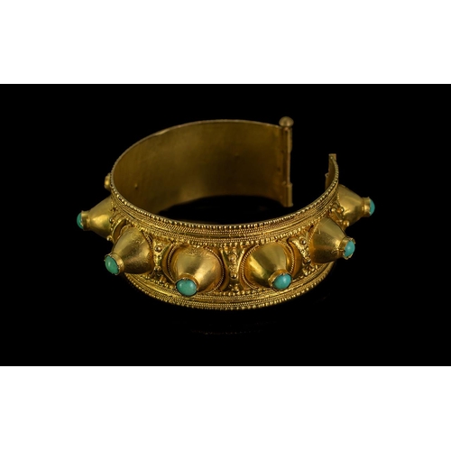 120B - Antique 18ct Gold Middle Eastern Bangle, Applied Cone Shaped Mounts Set With Turquoise Cabochon Term... 