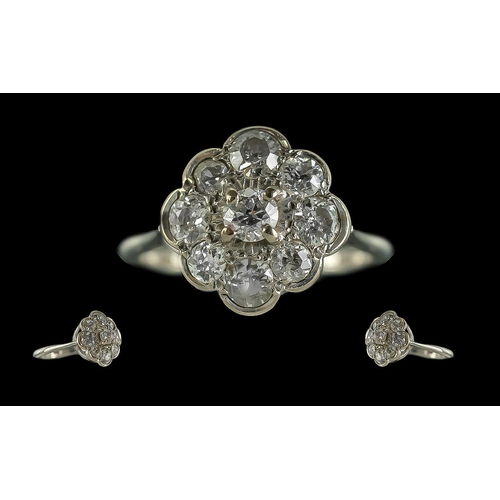 141 - Antique 18ct White Gold Diamond Cluster Ring, Flower Head Design Set With 9 Round Brilliant Cut Diam... 