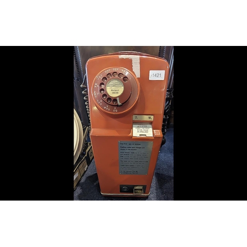 1421 - BT Vintage Red Wall Pay Phone, with slots for 2p and 10p, measures 21'' tall x 9'' wide x 8'' deep.