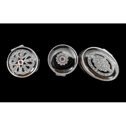 146A - Three Silver Pill Boxes with Onyx and Marcasite lids.