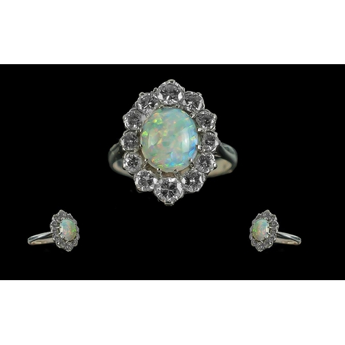 15 - Ladies 18ct White Gold Attractive Opal & Diamond Set Cluster Ring, hallmark to interior of shank.  T... 