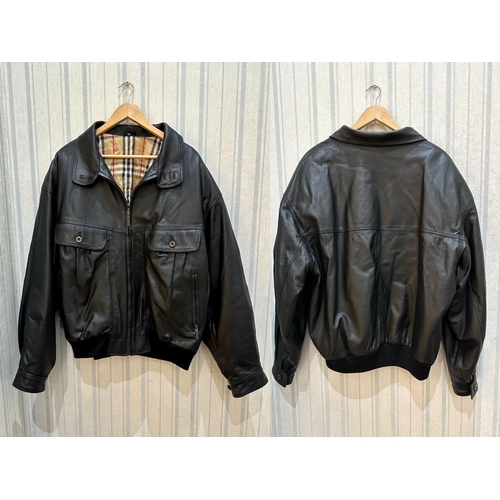 1516 - Burberry Interest. Vintage Gents Burberry Leather Bomber Jacket, Black In Colour with Signature Burb... 