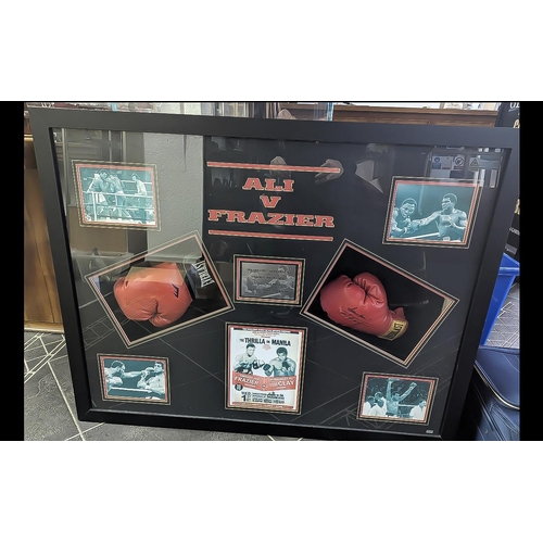 1518 - Boxing Interest - Ali V Frazer 'The Thriller In Manila' Signed Boxing Gloves. Housed In A Glazed Woo... 