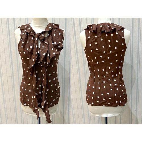 1565 - Ralph Lauren Polo Sleeveless Blouse Style 'Concept Multi', silk shirt in brown with spots, frill fro... 