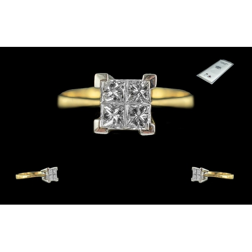 190A - Certificated 18ct Yellow and White Gold Ring invisible set with four princess-cut diamonds totalling... 