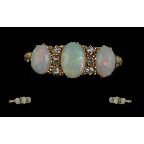 19A - Antique Period Attractive 18ct Gold Opal & Diamond Set Ring, marked to interior of shank.  The three... 