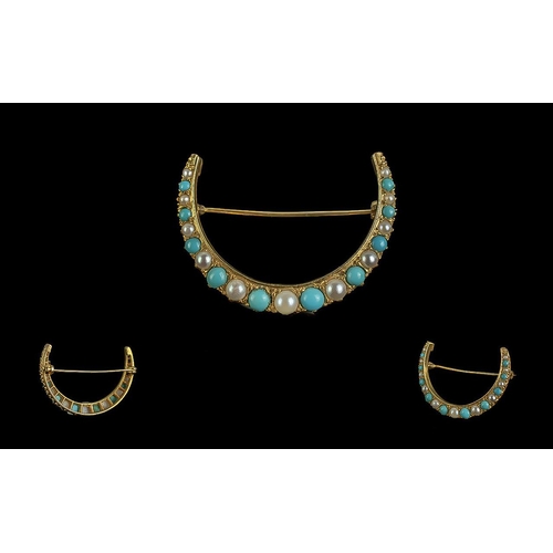 20A - Antique Period - Attractive 18ct Gold Turquoise and Pearl Set Crescent Shaped Brooch, Not Marked but... 