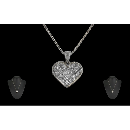 21A - 18ct White Gold - Excellent Quality Diamond Set Heart Shaped Pendant Attached to a 18ct White Gold C... 