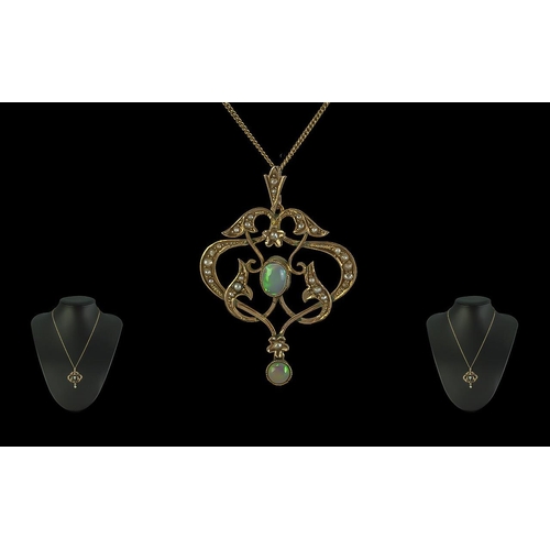 22 - Edwardian Period 1902-1910 Attractive 9ct Gold Openworked Opal and Seed Pearl Set Pendant Drop, atta... 