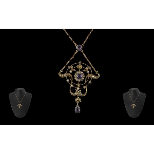 23 - Antique Period Art Nouveau Attractive 9ct Gold Openworked Pendant Necklace, set with Amethyst seed p... 