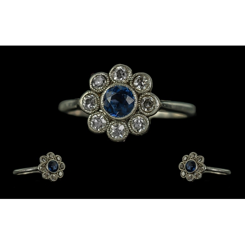 26 - Art Nouveau - Petite 18ct White Gold Sapphire and Diamond Set Ring. c.1900. The Central Blue Sapphir... 