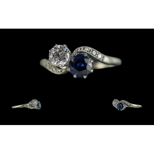 31 - 18ct White Gold and Platinum Attractive - Pleasing Quality Two Stone Diamond and Sapphire Set Ring -... 