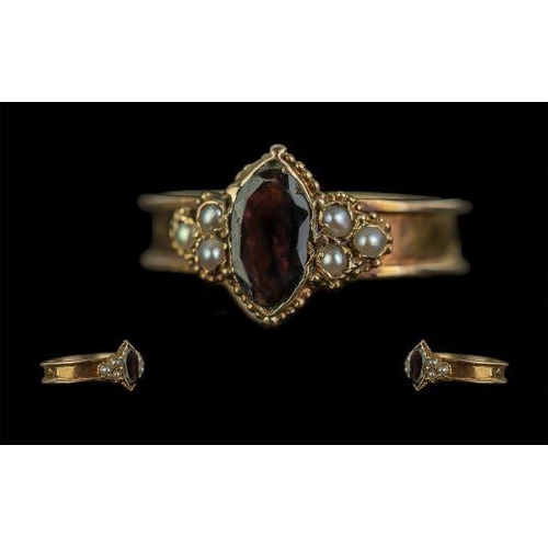 34A - Victorian Period 1837 - 1901 Excellent 15ct Gold Garnet and Seed Pearl Set Ring. Excellent Shank and... 