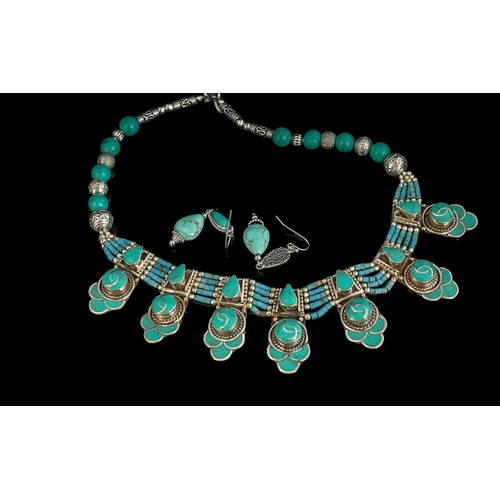 405B - Turquoise Collar Necklace, set with drop design and beaded spacers with silver baubles.  Together wi... 