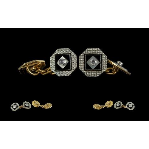 40A - A Fine Pair of 18ct Gold Black Enamel and Diamond Set Cufflinks ( Stylish ) Both Marked 18ct. c,1950... 