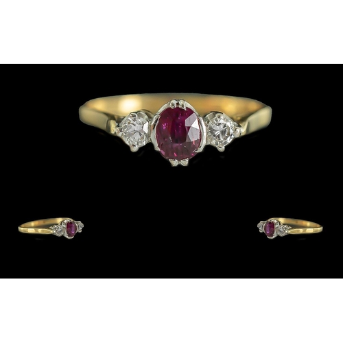 43 - Ladies 18ct Gold Attractive 3 Stone Diamond and Ruby Set Dress Ring. Full Hallmark to Interior of Sh... 